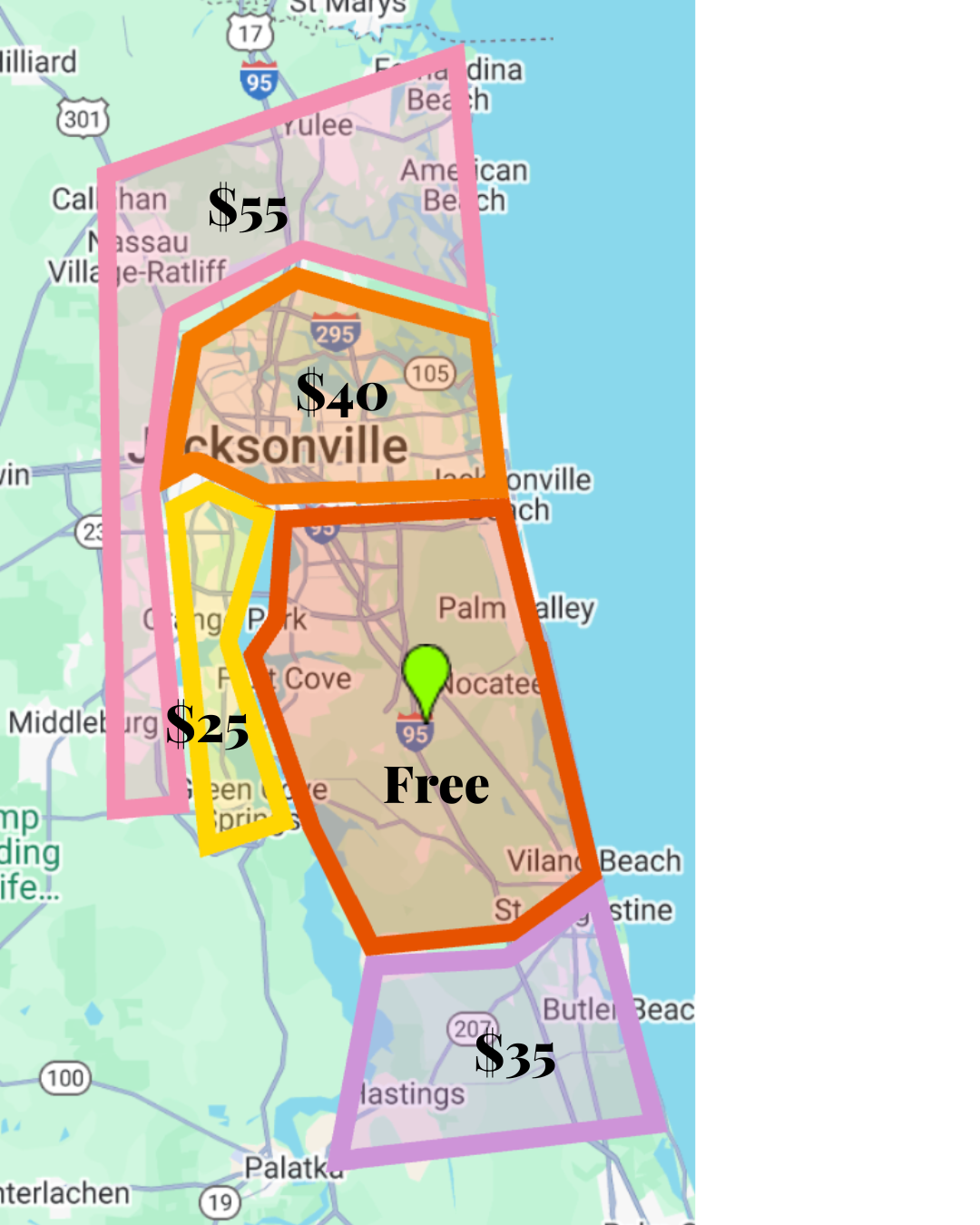 Map of Jacksonville with price zones marked in different colors and amounts.