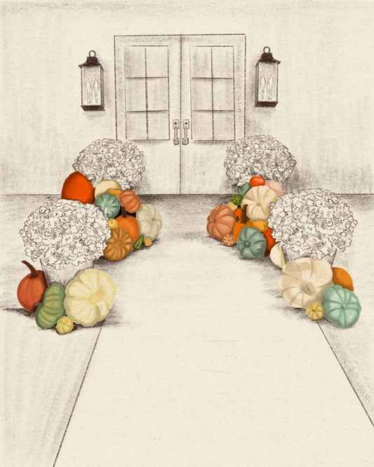 Decorative North Florida porch with pumpkins and gourds in front of a door